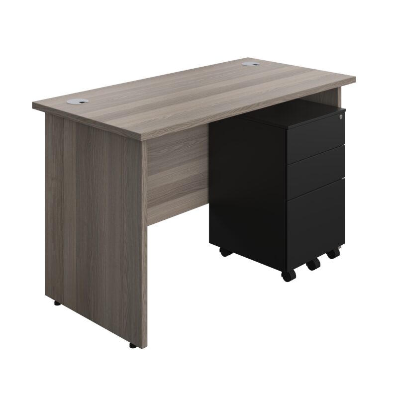 Panel Rectangular Desk + 3 Drawer Steel Pedestal Bundle | 1200X600 | Grey Oak/Black