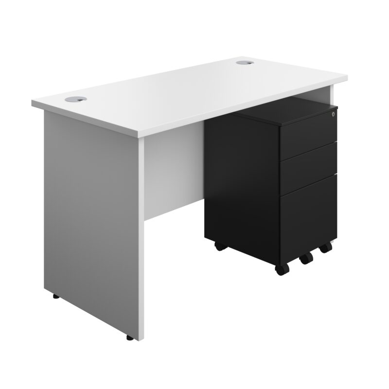 Panel Rectangular Desk + 3 Drawer Steel Pedestal Bundle | 1200X600 | White/Black