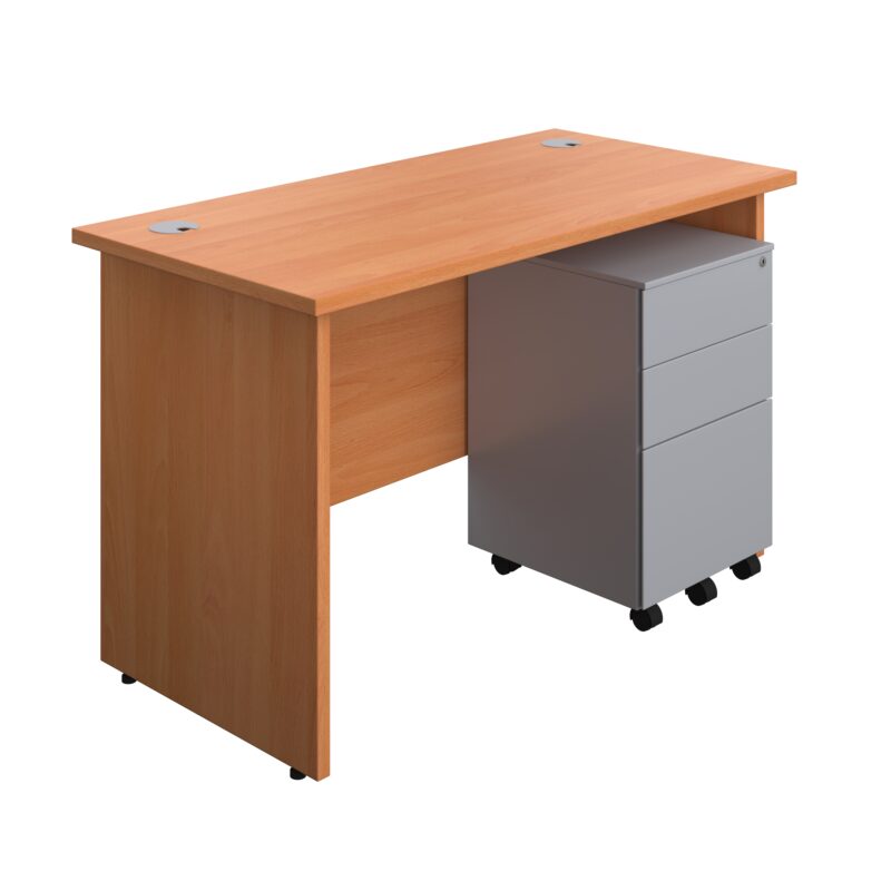 Panel Rectangular Desk + 3 Drawer Steel Pedestal Bundle | 1200X600 | Beech/Silver