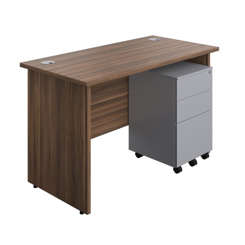 Panel Rectangular Desk + 3 Drawer Steel Pedestal Bundle | 1200X600 | Dark Walnut/Silver