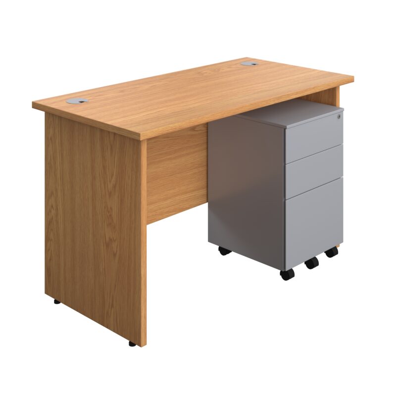 Panel Rectangular Desk + 3 Drawer Steel Pedestal Bundle | 1200X600 | Nova Oak/Silver