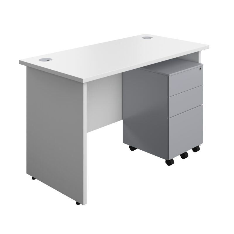 Panel Rectangular Desk + 3 Drawer Steel Pedestal Bundle | 1200X600 | White/Silver