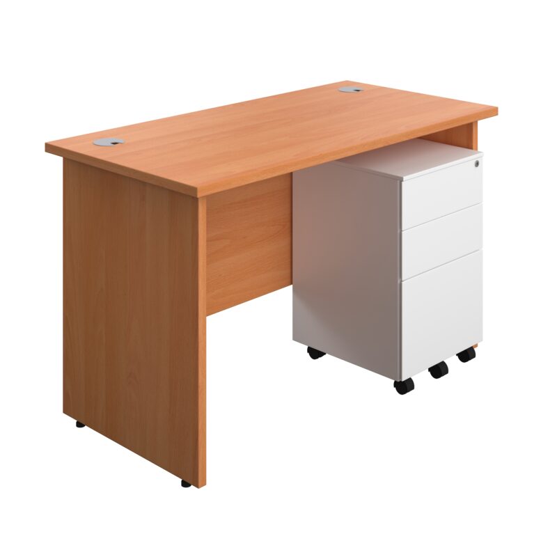 Panel Rectangular Desk + 3 Drawer Steel Pedestal Bundle | 1200X600 | Beech/White