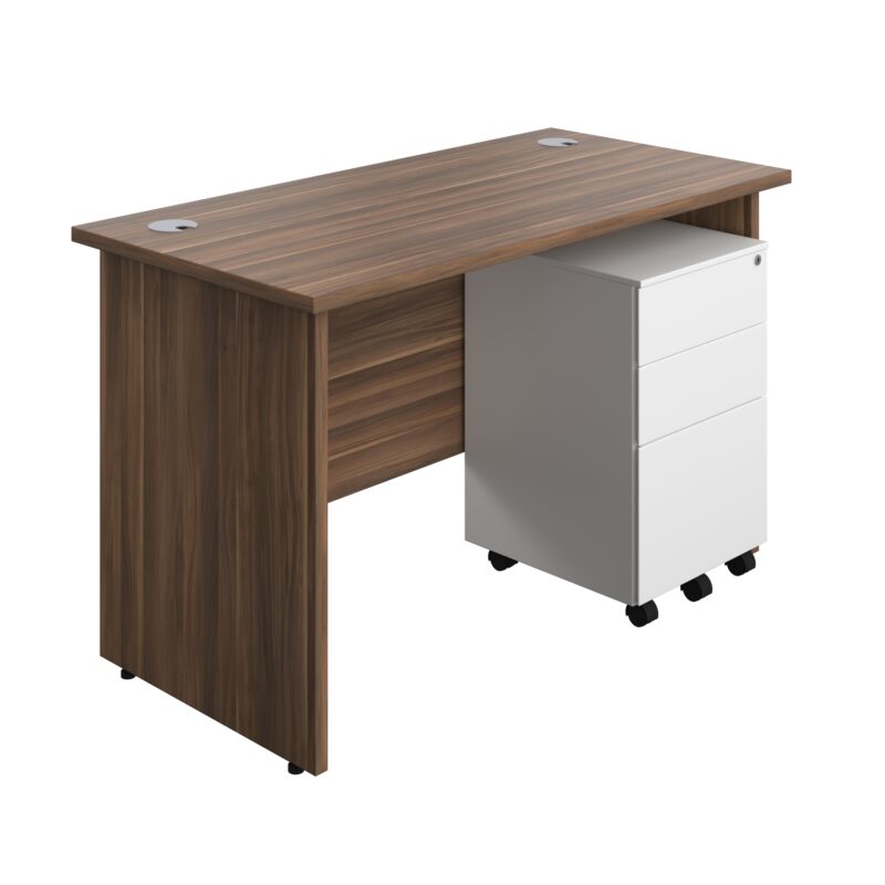 Panel Rectangular Desk + 3 Drawer Steel Pedestal Bundle | 1200X600 | Dark Walnut/White