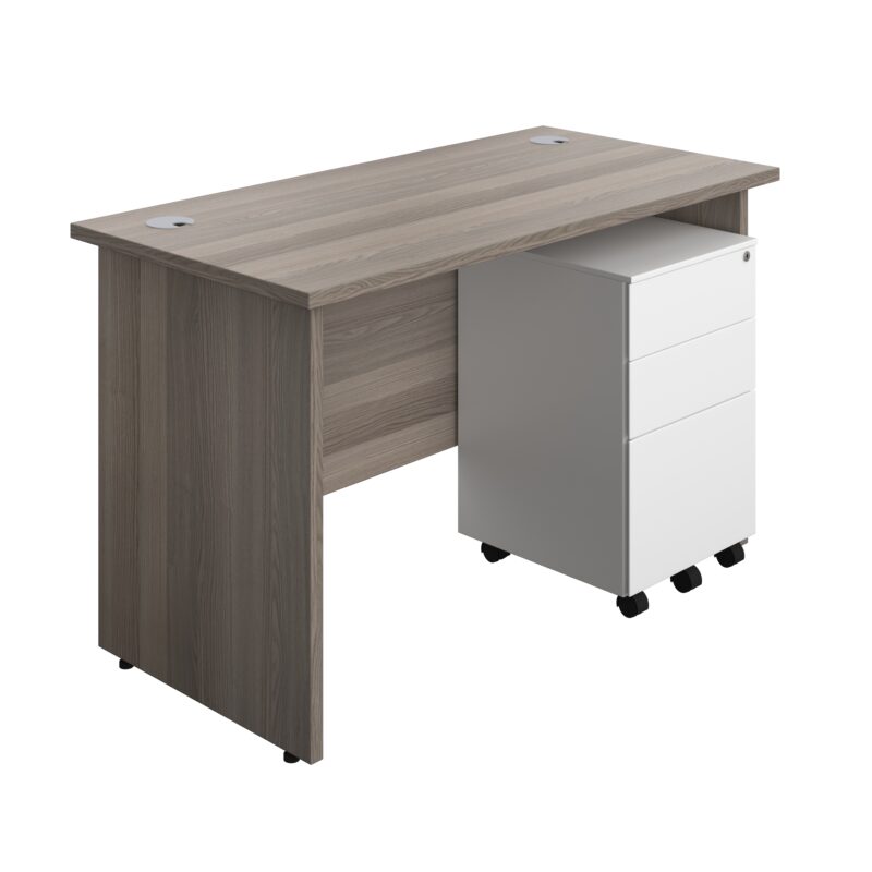 Panel Rectangular Desk + 3 Drawer Steel Pedestal Bundle | 1200X600 | Grey Oak/White