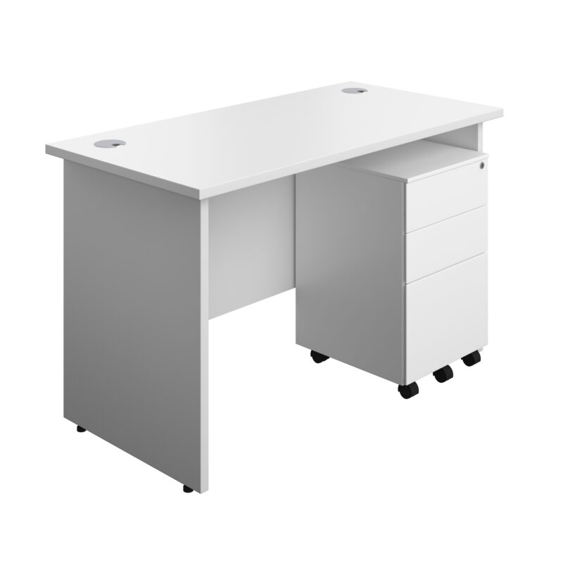 Panel Rectangular Desk + 3 Drawer Steel Pedestal Bundle | 1200X600 | White/White