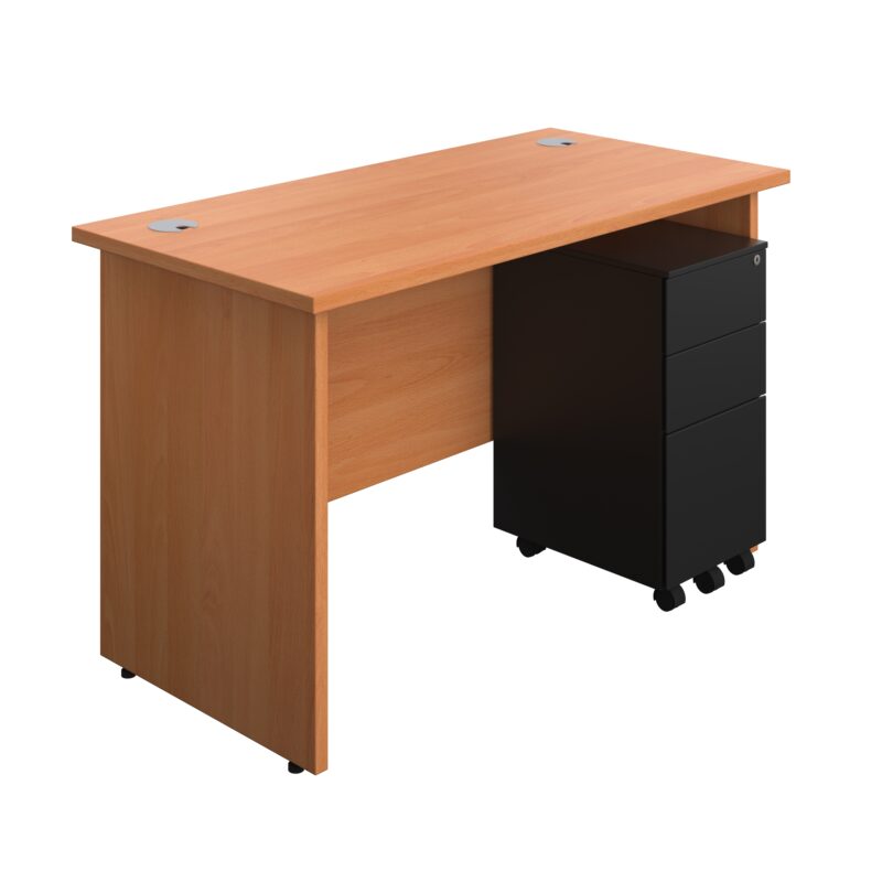 Panel Rectangular Desk + 3 Drawer Slimline Steel Pedestal Bundle | 1200X600 | Beech/Black