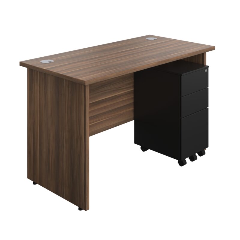 Panel Rectangular Desk + 3 Drawer Slimline Steel Pedestal Bundle | 1200X600 | Dark Walnut/Black