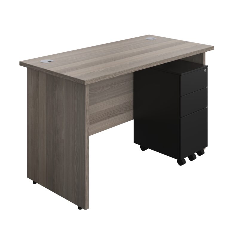 Panel Rectangular Desk + 3 Drawer Slimline Steel Pedestal Bundle | 1200X600 | Grey Oak/Black