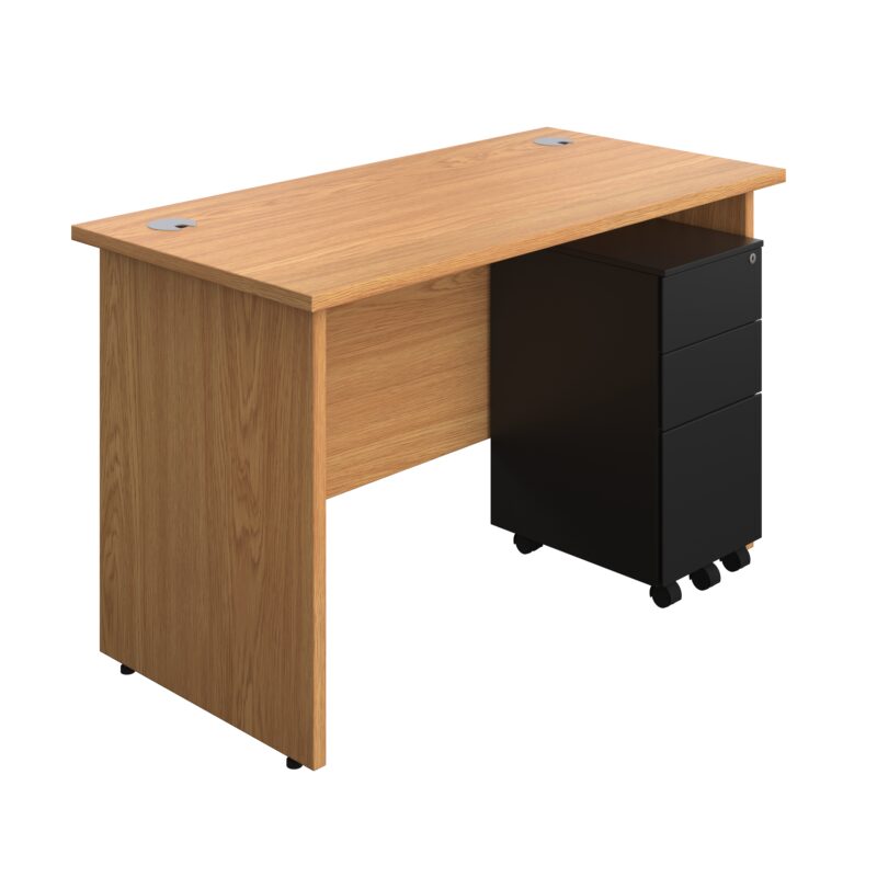 Panel Rectangular Desk + 3 Drawer Slimline Steel Pedestal Bundle | 1200X600 | Nova Oak/Black