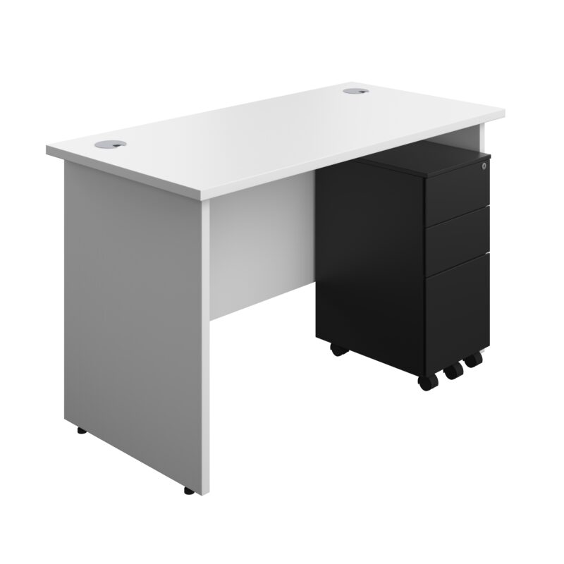 Panel Rectangular Desk + 3 Drawer Slimline Steel Pedestal Bundle | 1200X600 | White/Black