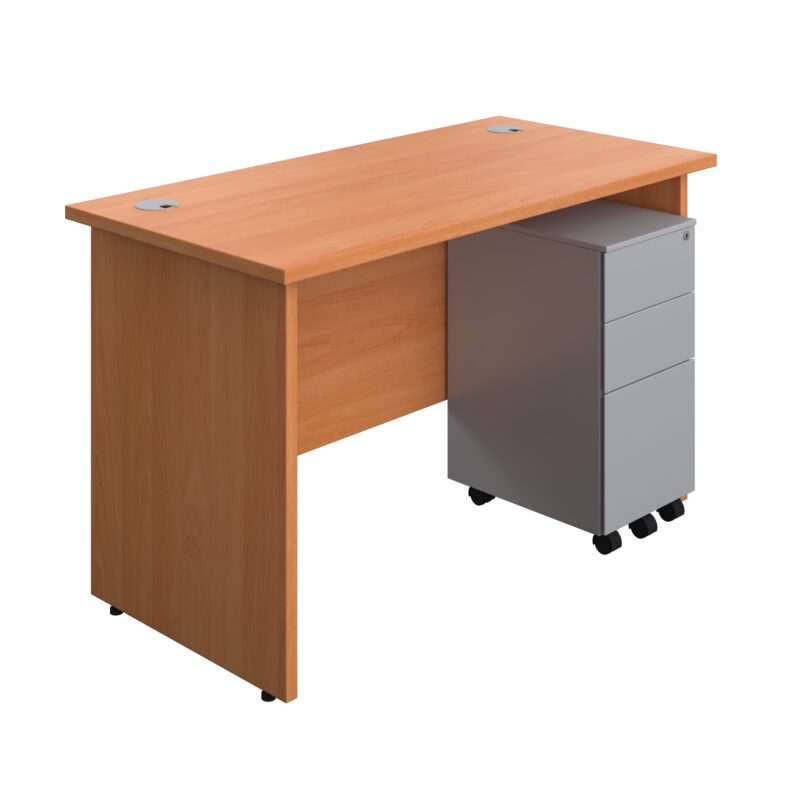 Panel Rectangular Desk + 3 Drawer Slimline Steel Pedestal Bundle | 1200X600 | Beech/Silver