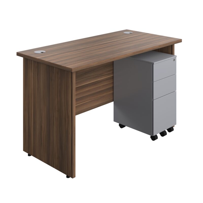 Panel Rectangular Desk + 3 Drawer Slimline Steel Pedestal Bundle | 1200X600 | Dark Walnut/Silver