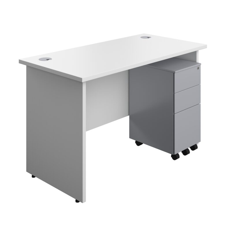 Panel Rectangular Desk + 3 Drawer Slimline Steel Pedestal Bundle | 1200X600 | White/Silver