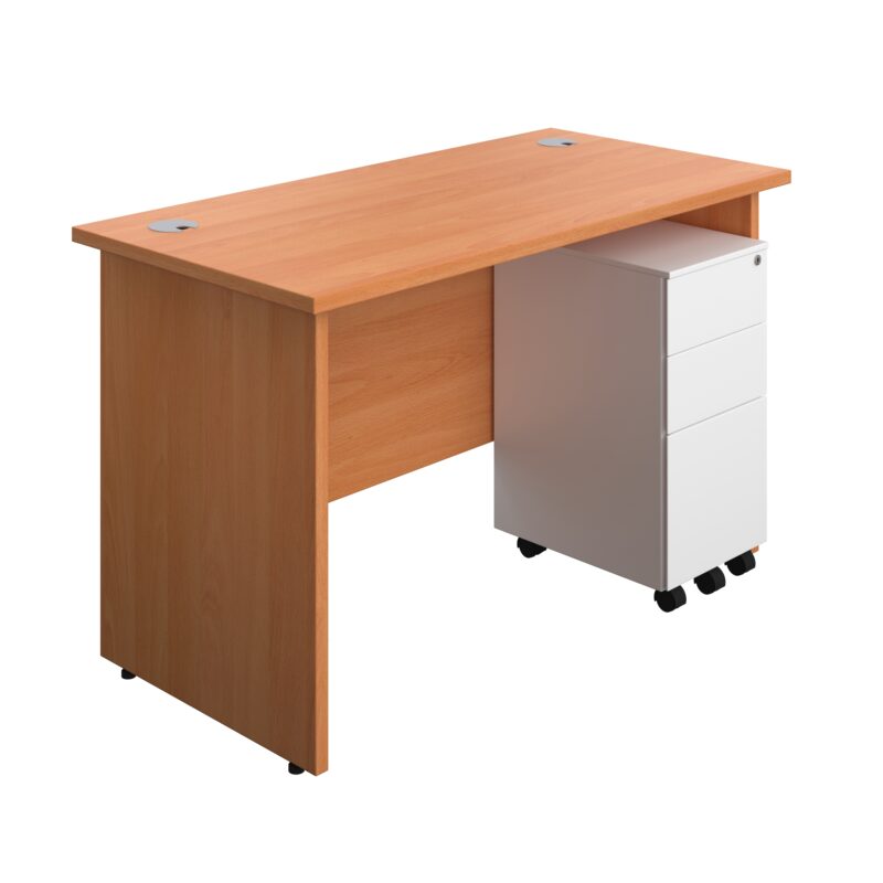 Panel Rectangular Desk + 3 Drawer Slimline Steel Pedestal Bundle | 1200X600 | Beech/White