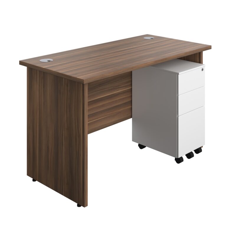 Panel Rectangular Desk + 3 Drawer Slimline Steel Pedestal Bundle | 1200X600 | Dark Walnut/White