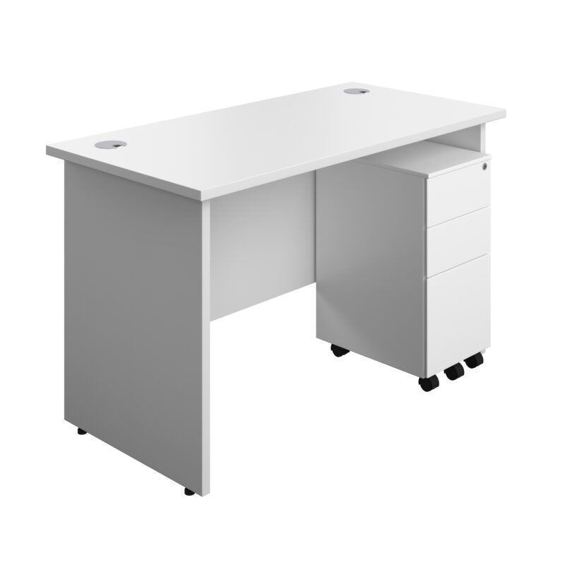 Panel Rectangular Desk + 3 Drawer Slimline Steel Pedestal Bundle | 1200X600 | White/White