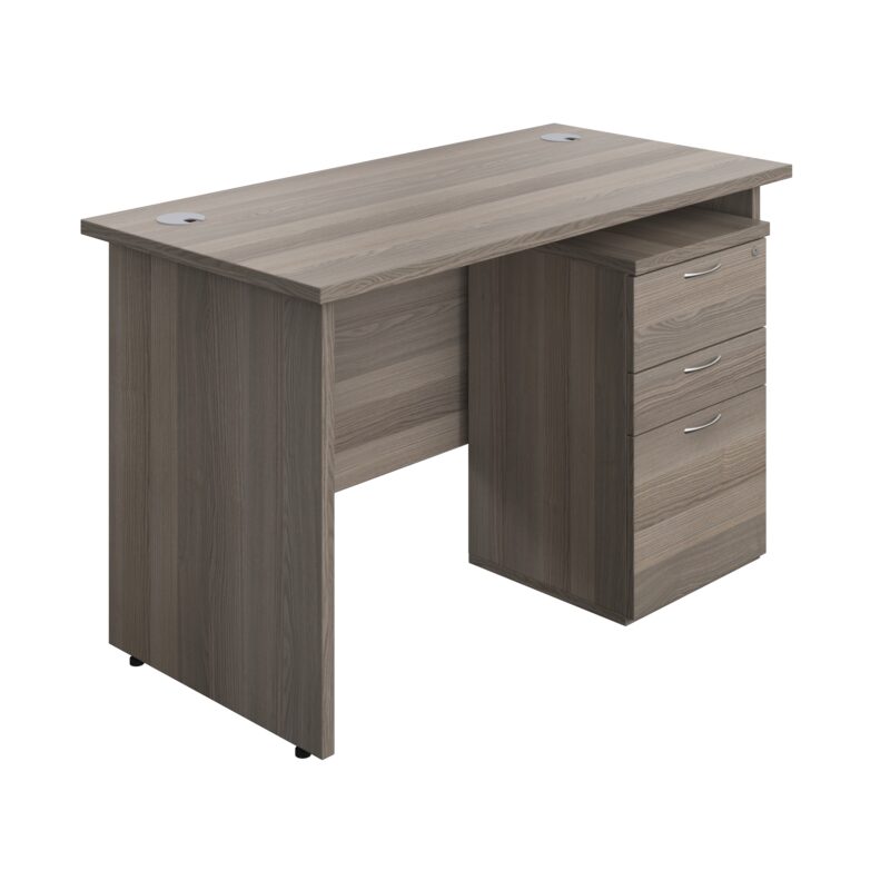 Panel Rectangular Desk + 3 Drawer Under Desk Pedestal Bundle | 1200X600 | Grey Oak/Grey Oak