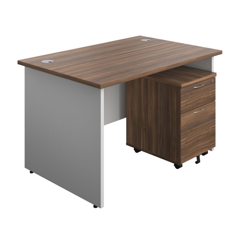 Panel Plus Rectangular Desk + 2 Drawer Mobile Pedestal Bundle | 1200X800 | Dark Walnut/White