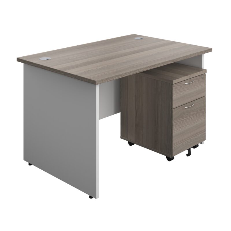 Panel Plus Rectangular Desk + 2 Drawer Mobile Pedestal Bundle | 1200X800 | Grey Oak/White