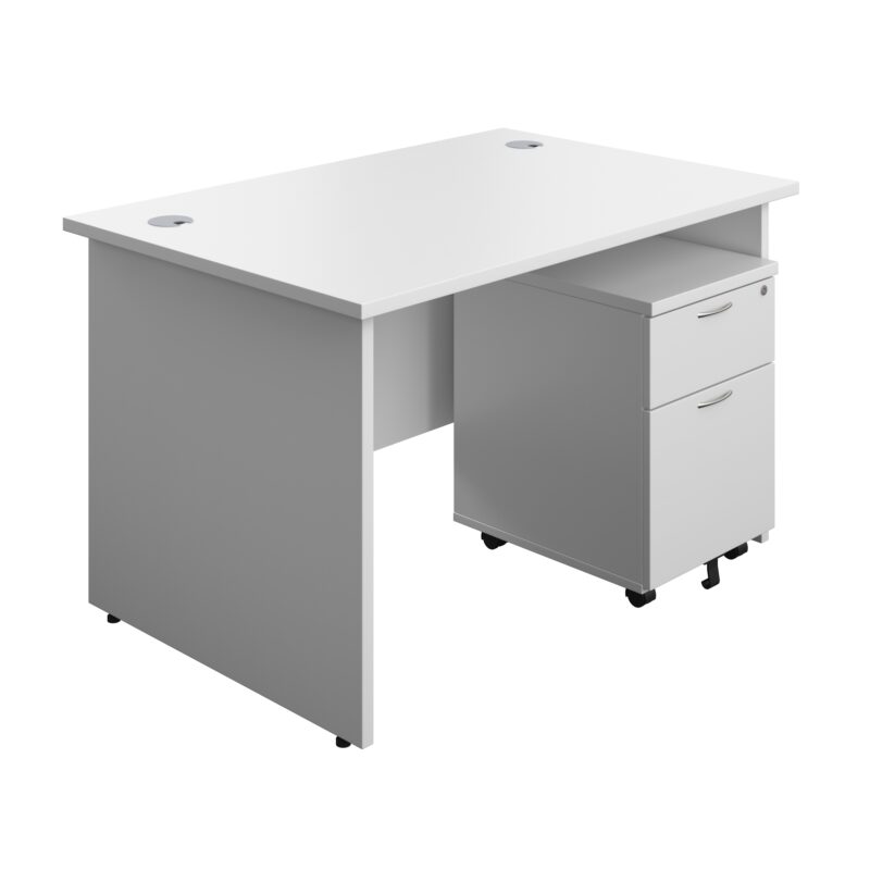 Panel Rectangular Desk + 2 Drawer Mobile Pedestal Bundle | 1200X800 | White/White