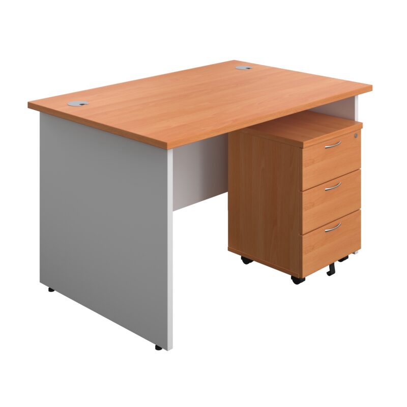 Panel Plus Rectangular Desk + 3 Drawer Mobile Pedestal Bundle | 1200X800 | Beech/White