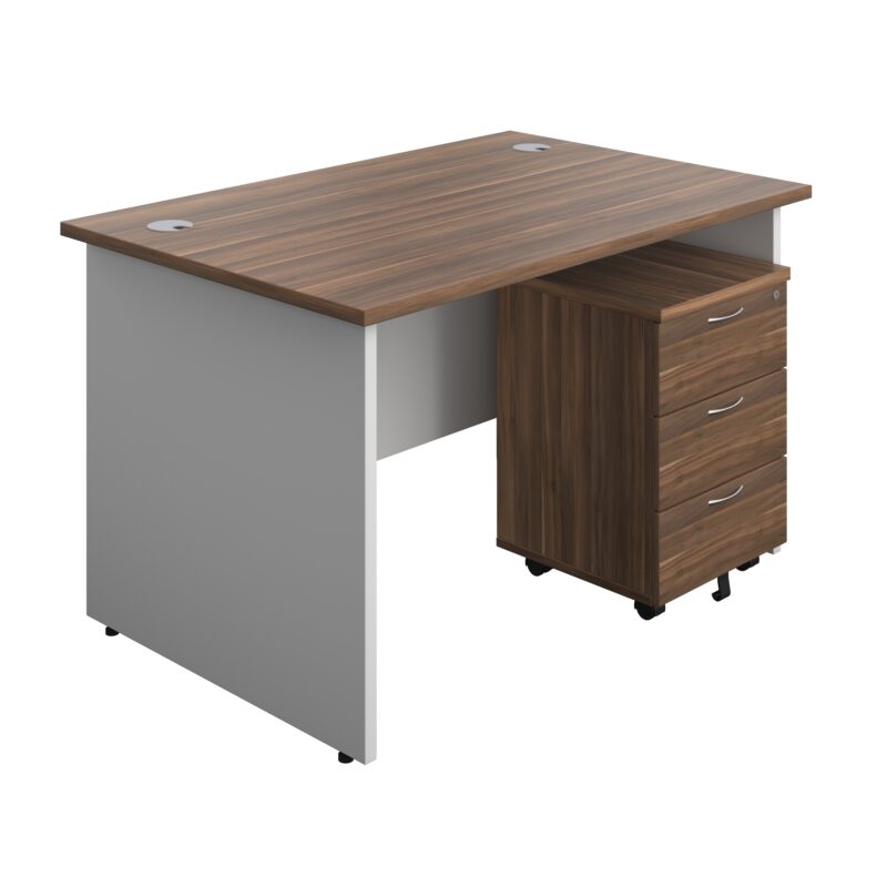 Panel Plus Rectangular Desk + 3 Drawer Mobile Pedestal Bundle | 1200X800 | Dark Walnut/White