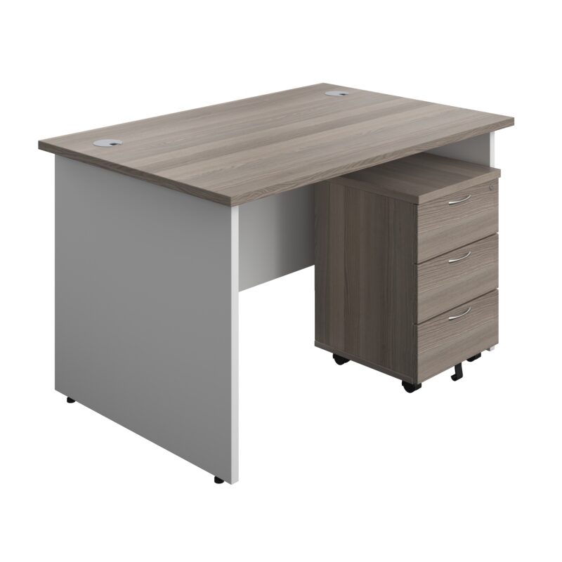 Panel Plus Rectangular Desk + 3 Drawer Mobile Pedestal Bundle | 1200X800 | Grey Oak/White