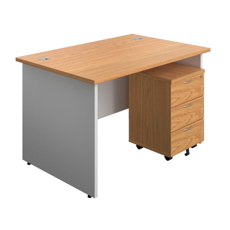 Panel Plus Rectangular Desk + 3 Drawer Mobile Pedestal Bundle | 1200X800 | Nova Oak/White