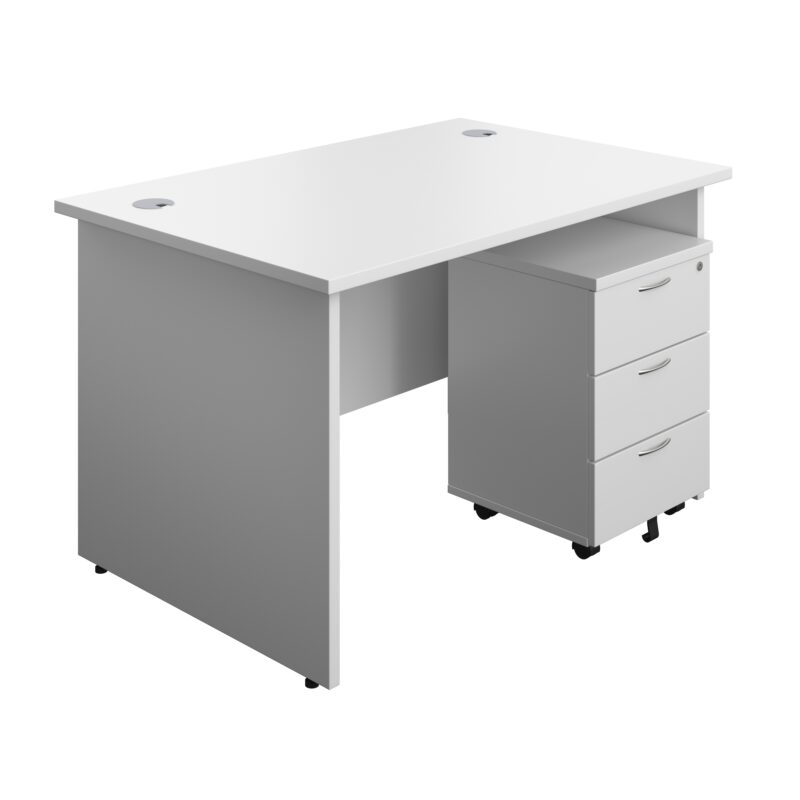 Panel Rectangular Desk + 3 Drawer Mobile Pedestal Bundle | 1200X800 | White/White