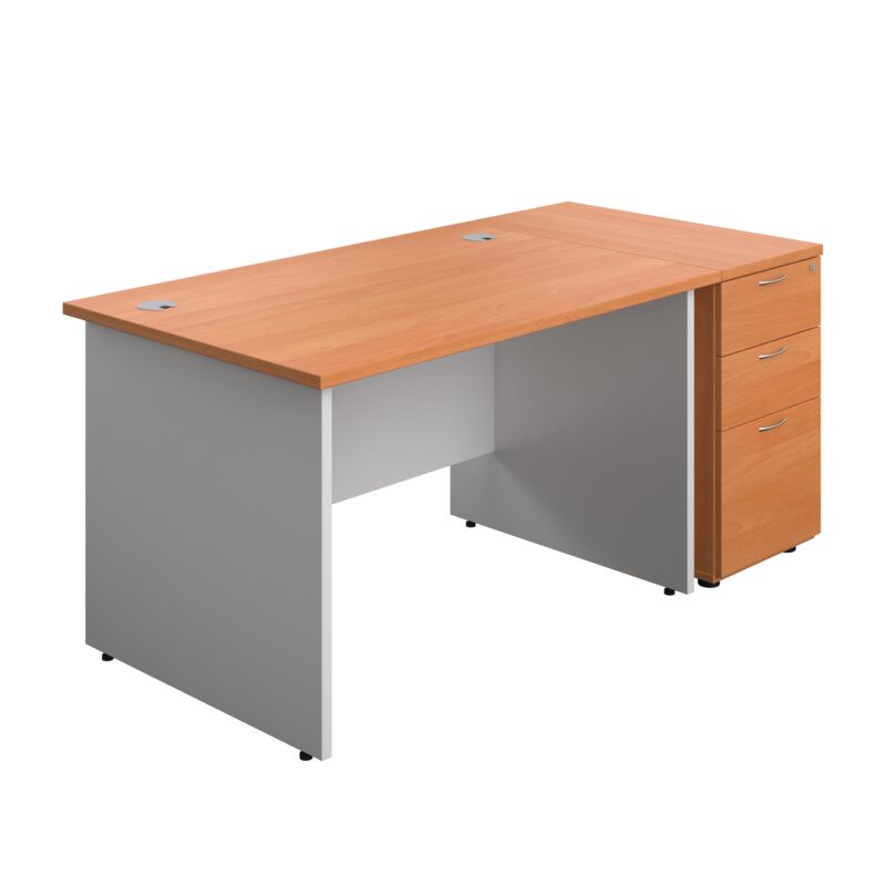 Panel Plus Rectangular Desk + Matching 3 Drawer Desk High Pedestal Bundle | 800 Pedestal | 1200X800 | Beech/White