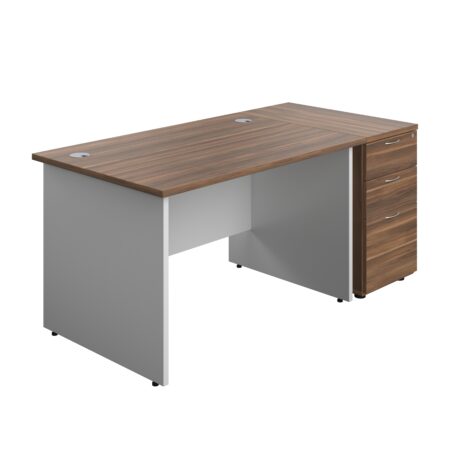 Panel Plus Rectangular Desk + Matching 3 Drawer Desk High Pedestal Bundle | 800 Pedestal | 1200X800 | Dark Walnut/White