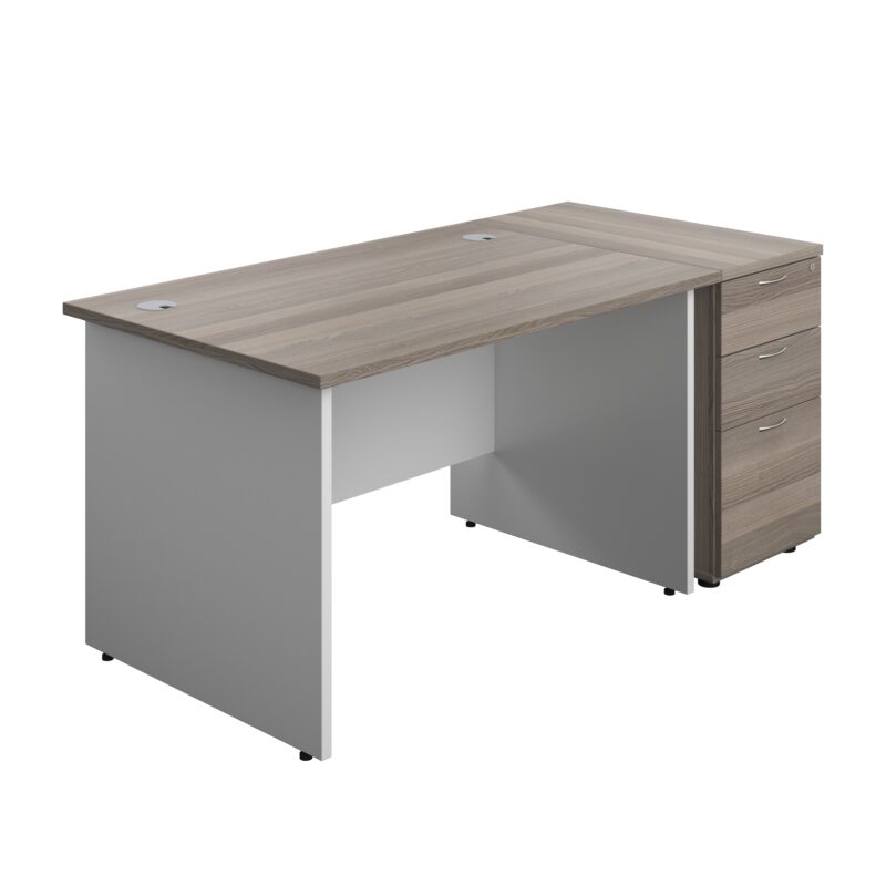 Panel Plus Rectangular Desk + Matching 3 Drawer Desk High Pedestal Bundle | 800 Pedestal | 1200X800 | Grey Oak/White