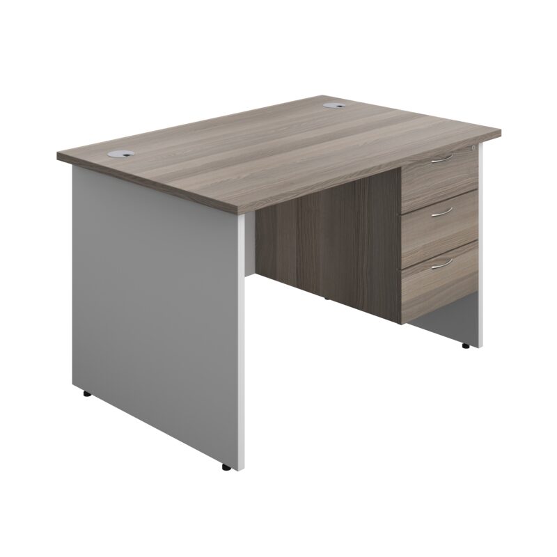 Panel Plus Rectangular Desk + 3 Drawer Fixed Pedestal Bundle | 1200X800 | Grey Oak/White