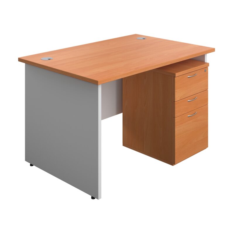 Panel Plus Rectangular Desk + 3 Drawer High Mobile Pedestal Bundle | 1200X800 | Beech/White