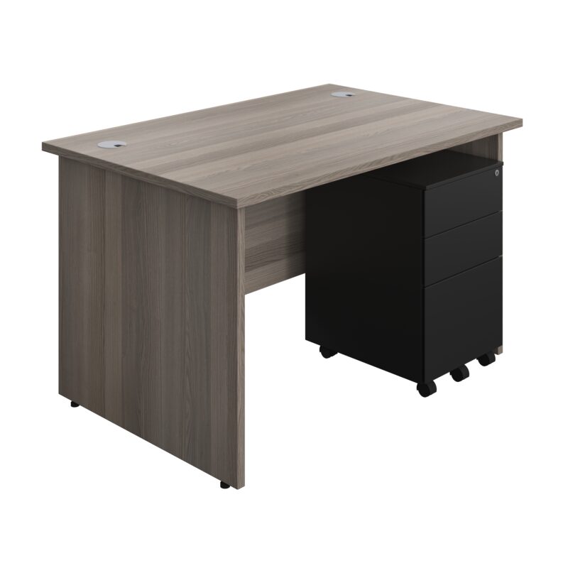 Panel Rectangular Desk + 3 Drawer Steel Pedestal Bundle | 1200X800 | Grey Oak/Black