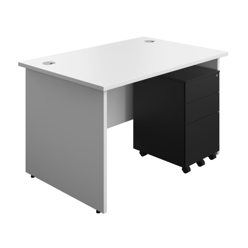 Panel Rectangular Desk + 3 Drawer Steel Pedestal Bundle | 1200X800 | White/Black