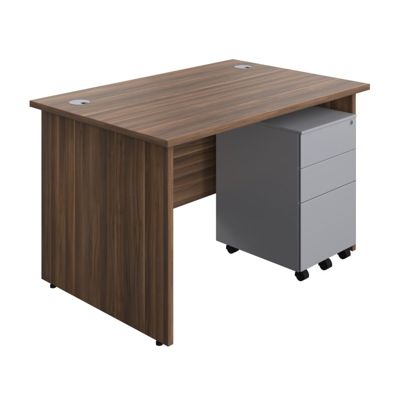 Panel Rectangular Desk + 3 Drawer Steel Pedestal Bundle | 1200X800 | Dark Walnut/Silver