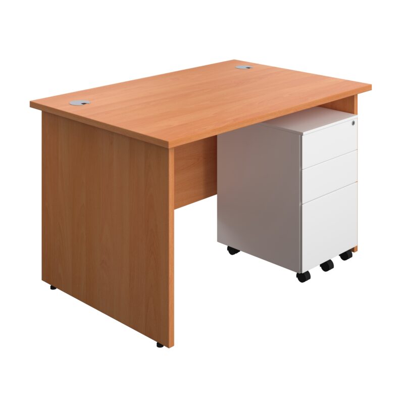 Panel Rectangular Desk + 3 Drawer Steel Pedestal Bundle | 1200X800 | Beech/White