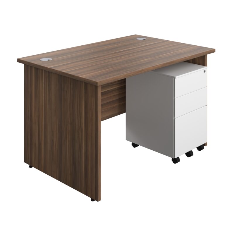 Panel Rectangular Desk + 3 Drawer Steel Pedestal Bundle | 1200X800 | Dark Walnut/White