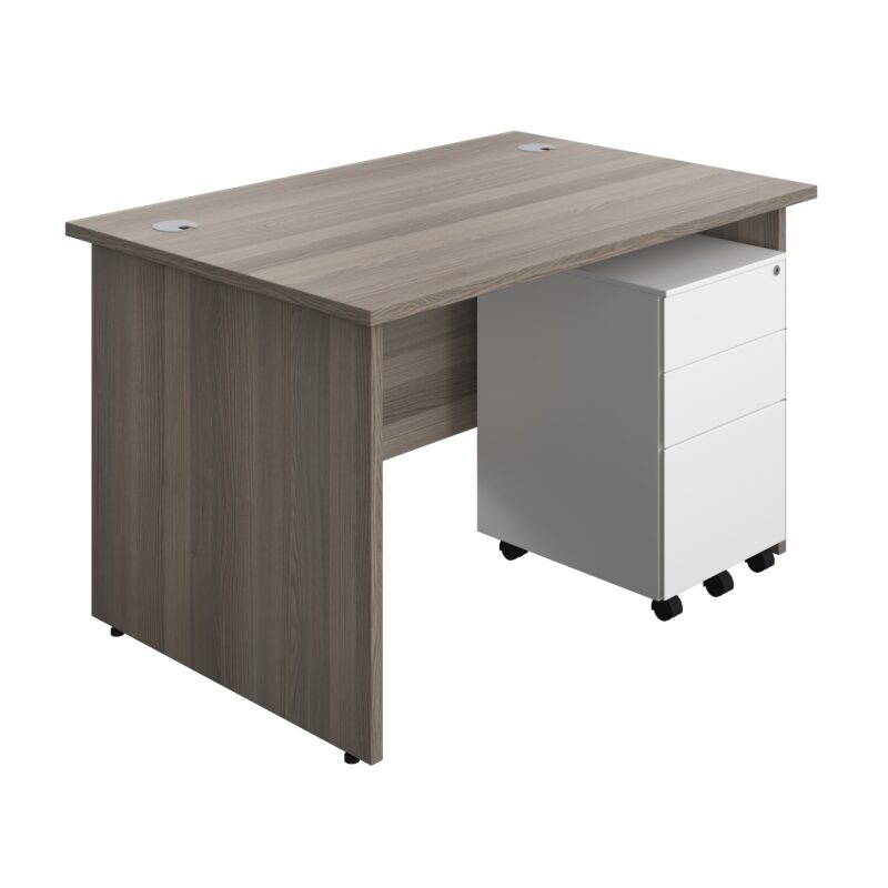 Panel Rectangular Desk + 3 Drawer Steel Pedestal Bundle | 1200X800 | Grey Oak/White