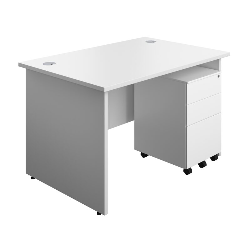 Panel Rectangular Desk + 3 Drawer Steel Pedestal Bundle | 1200X800 | White/White