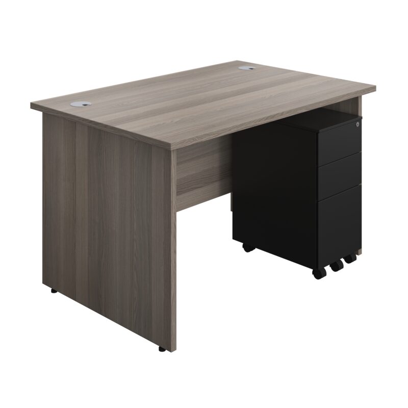 Panel Rectangular Desk + 3 Drawer Slimline Steel Pedestal Bundle | 1200X800 | Grey Oak/Black