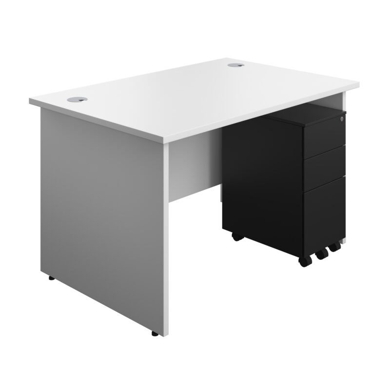 Panel Rectangular Desk + 3 Drawer Slimline Steel Pedestal Bundle | 1200X800 | White/Black