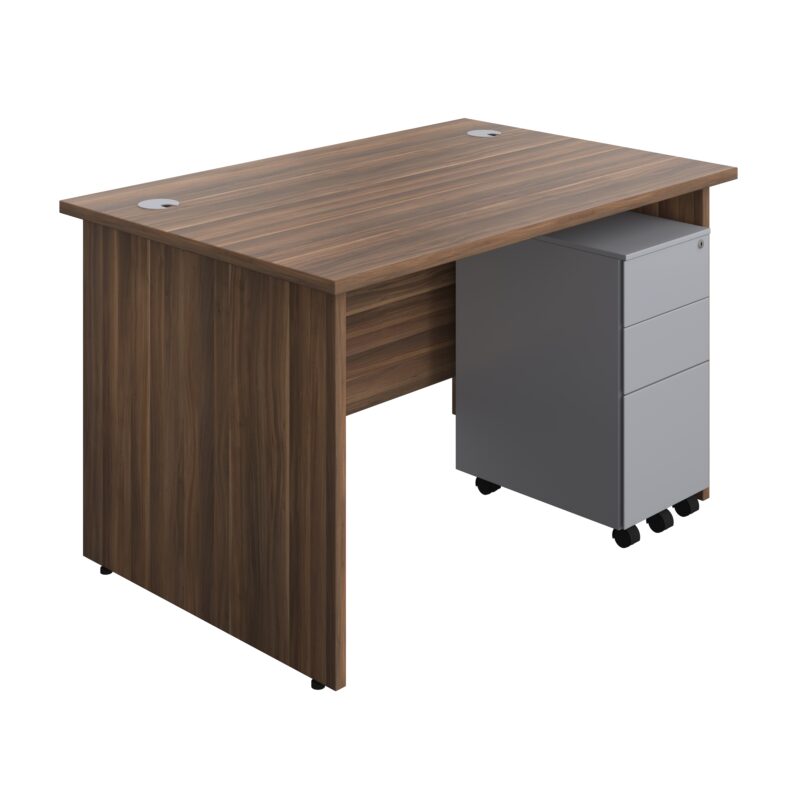 Panel Rectangular Desk + 3 Drawer Slimline Steel Pedestal Bundle | 1200X800 | Dark Walnut/Silver