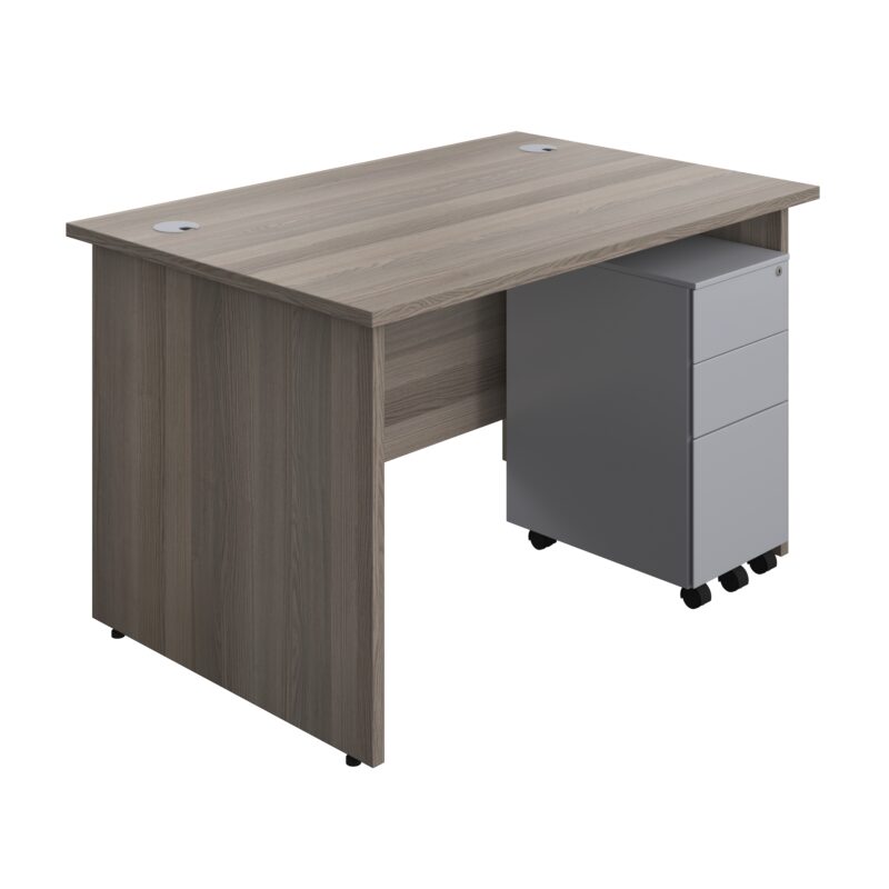 Panel Rectangular Desk + 3 Drawer Slimline Steel Pedestal Bundle | 1200X800 | Grey Oak/Silver