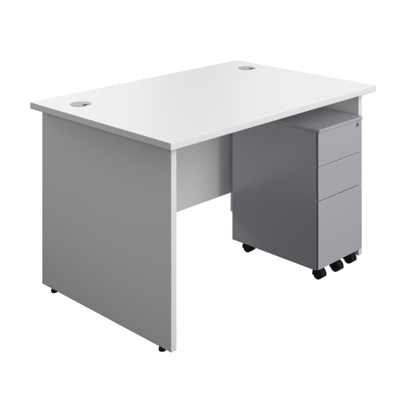 Panel Rectangular Desk + 3 Drawer Slimline Steel Pedestal Bundle | 1200X800 | White/Silver