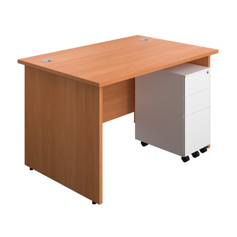 Panel Rectangular Desk + 3 Drawer Slimline Steel Pedestal Bundle | 1200X800 | Beech/White