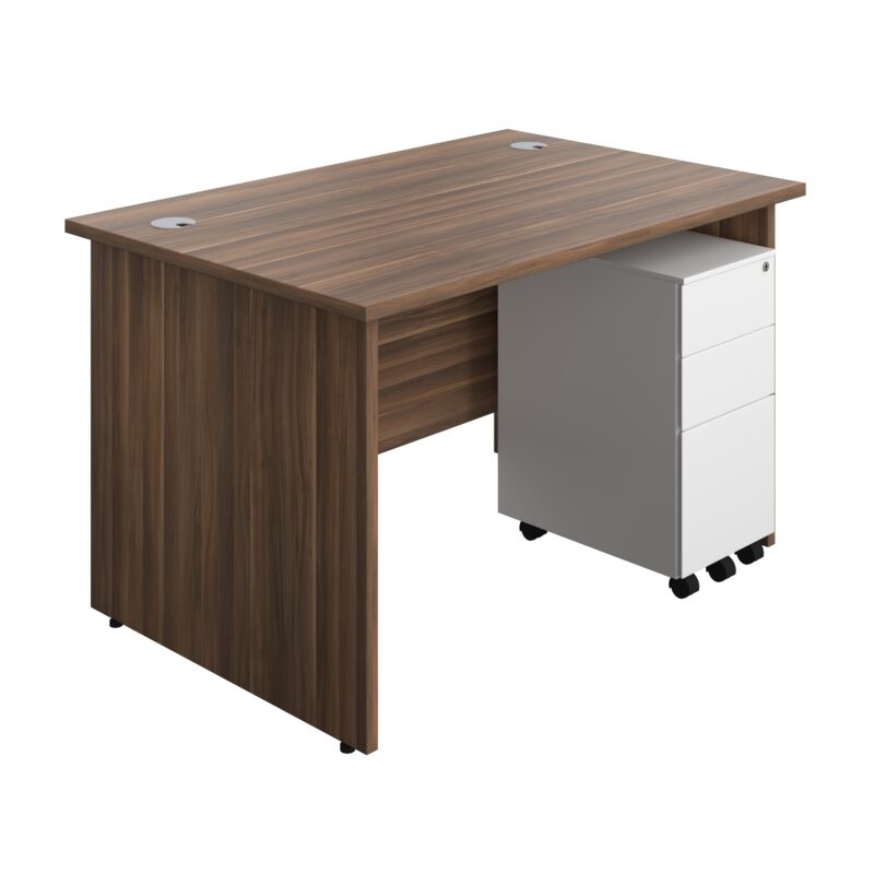 Panel Rectangular Desk + 3 Drawer Slimline Steel Pedestal Bundle | 1200X800 | Dark Walnut/White