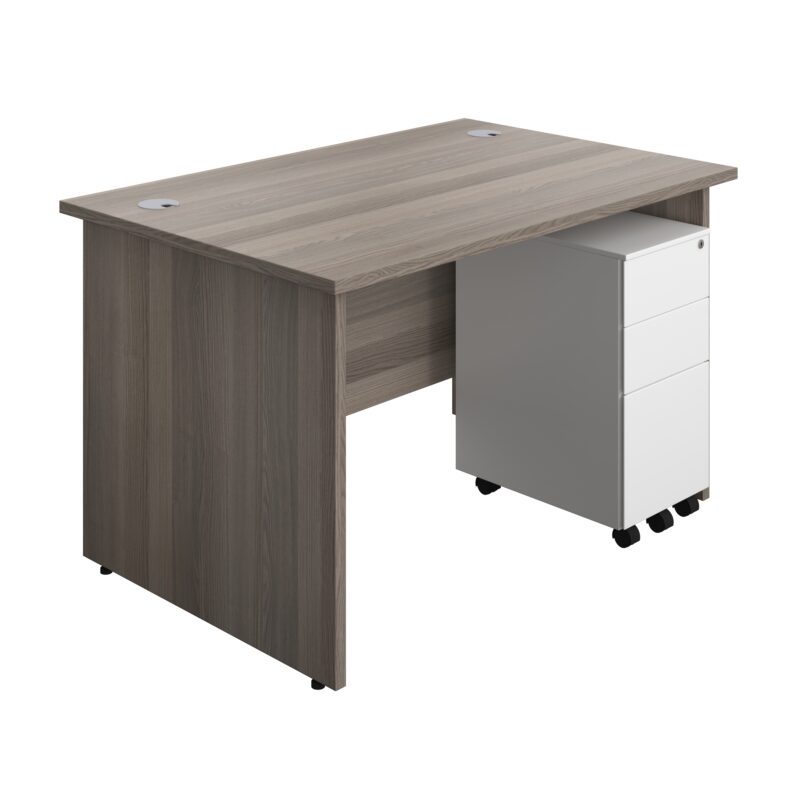 Panel Rectangular Desk + 3 Drawer Slimline Steel Pedestal Bundle | 1200X800 | Grey Oak/White